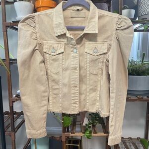Blank NYC Beige Denim Jacket with Puff Sleeves